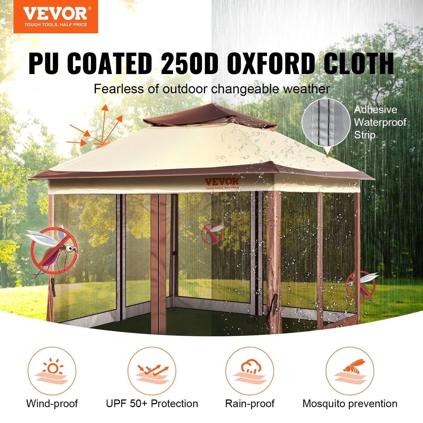 VEVOR Patio Gazebo, 11 X 11 FT Pop up Gazebo for 8-10 Person, with Mosquito Netting, Metal Frame, and PU Coated 250D Oxford Cloth, Outdoor Canopy Shelter for Patio, Backyard, Lawn, Garden, Deck
