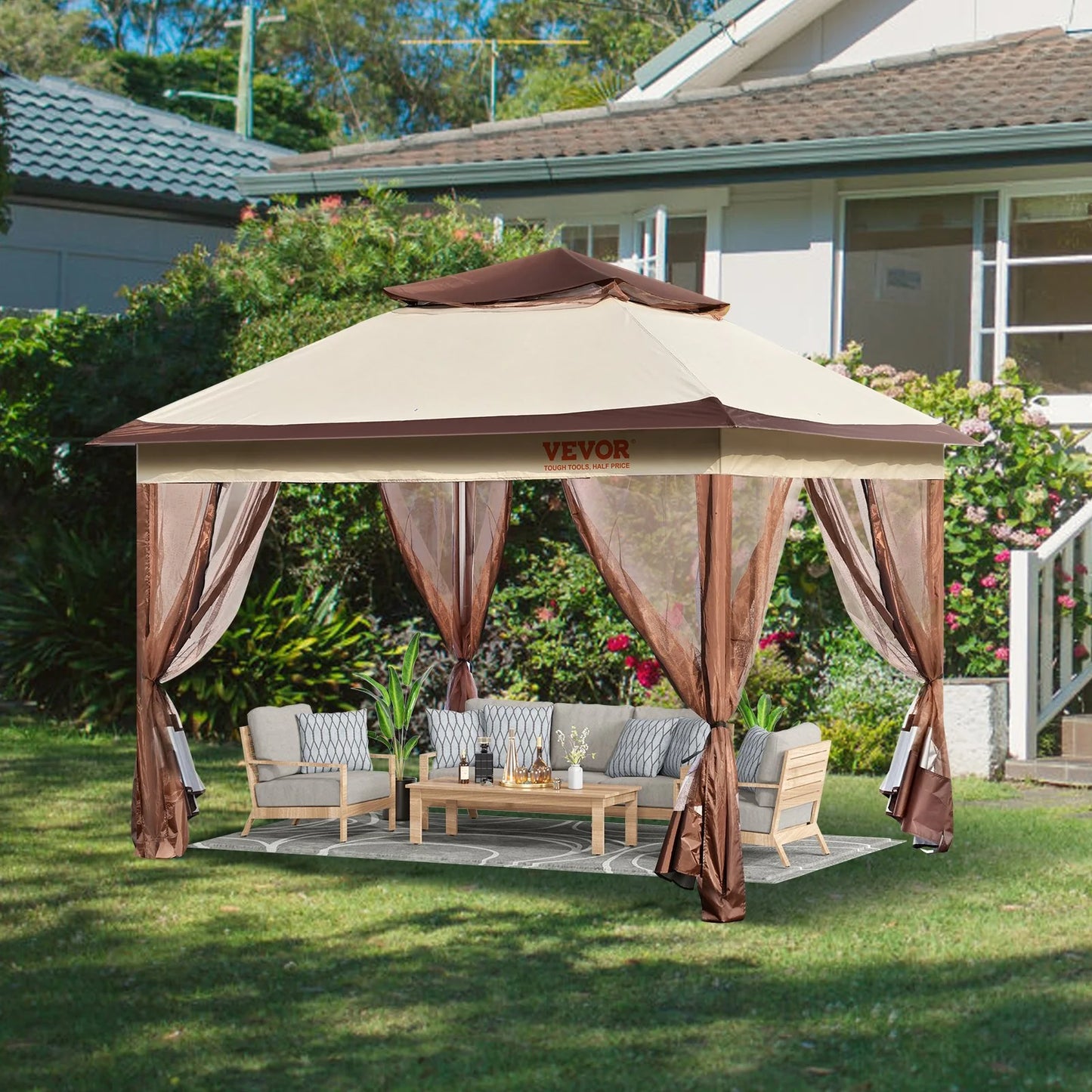VEVOR Patio Gazebo, 11 X 11 FT Pop up Gazebo for 8-10 Person, with Mosquito Netting, Metal Frame, and PU Coated 250D Oxford Cloth, Outdoor Canopy Shelter for Patio, Backyard, Lawn, Garden, Deck