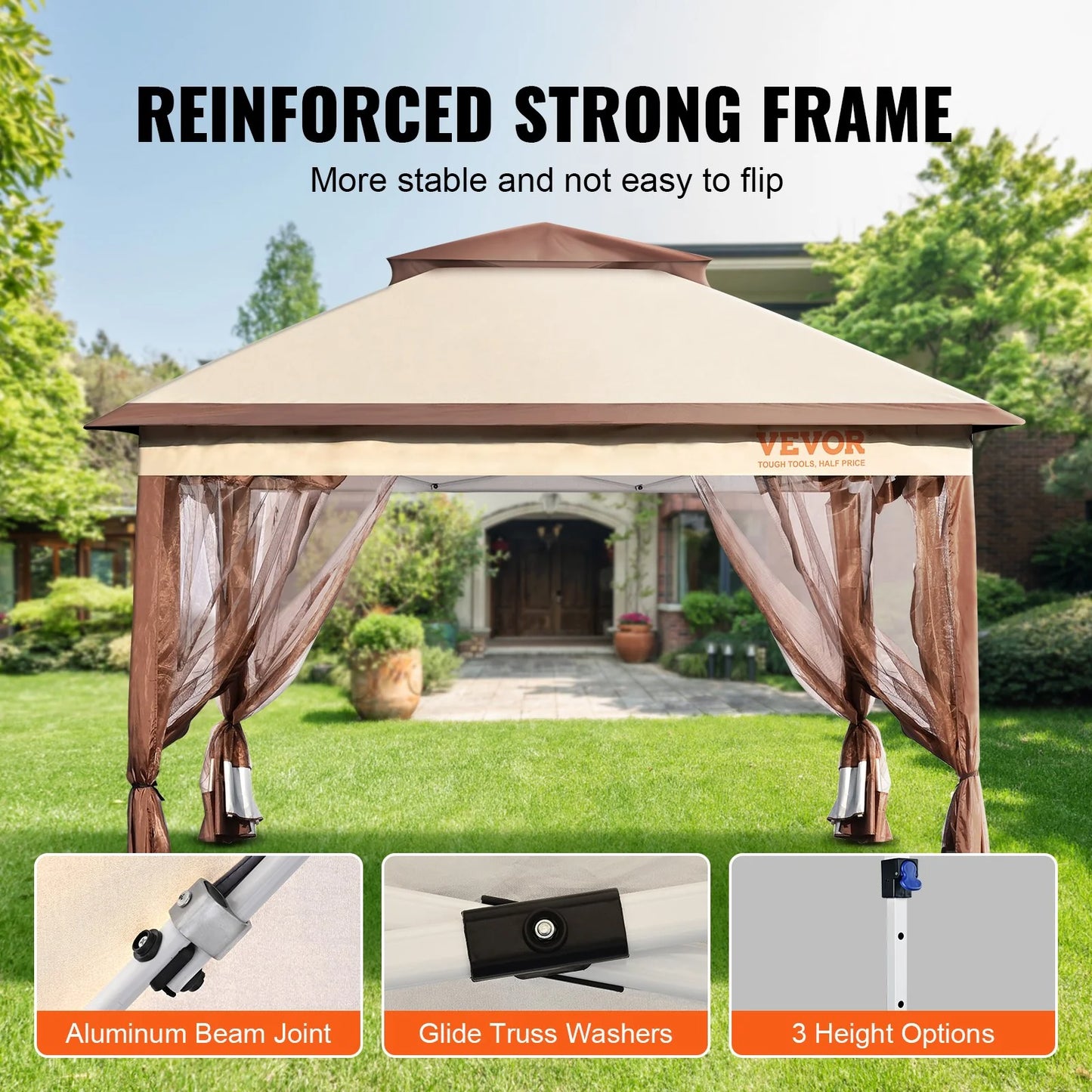 VEVOR Patio Gazebo, 11 X 11 FT Pop up Gazebo for 8-10 Person, with Mosquito Netting, Metal Frame, and PU Coated 250D Oxford Cloth, Outdoor Canopy Shelter for Patio, Backyard, Lawn, Garden, Deck