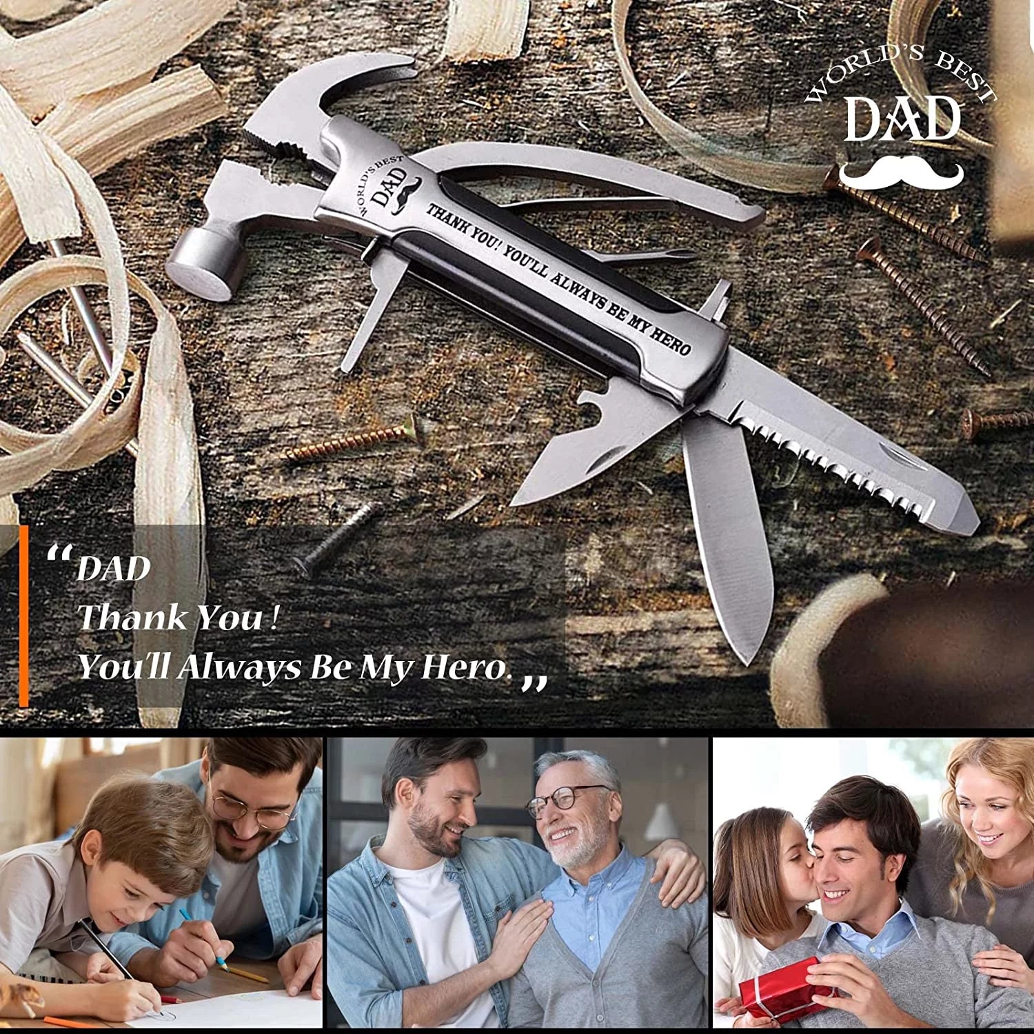 All in One Survival Tools Small Hammer Multitool, Father'S Day, Unique Gifts for Dad from Daughter Son Kids, Birthday Gift Ideas for Dad Stepdad Men Him, Cool Gadgets for Men