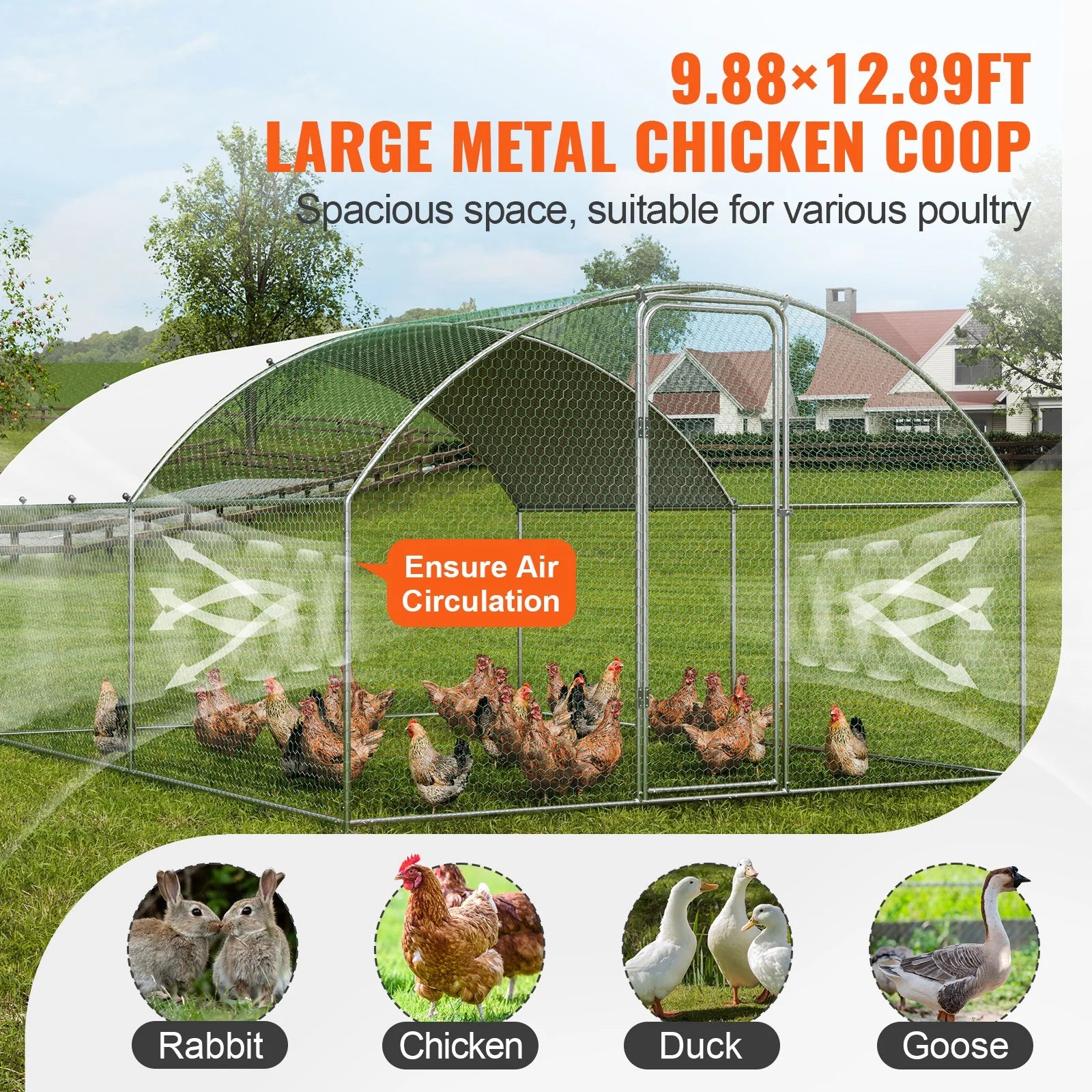 VEVOR Large Metal Chicken Coop, 9.8X12.9X6.5 Ft Walk in Chicken Run for Yard with Waterproof Cover, Doom Roof Hen House with Security Lock for Outdoor and Backyard, Farm, Duck Rabbit Cage Poultry Pen