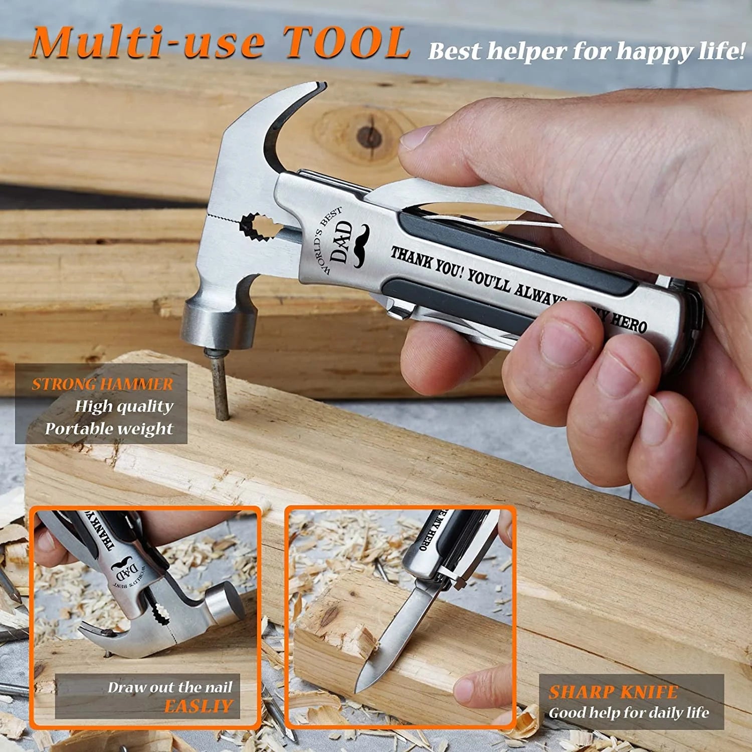 All in One Survival Tools Small Hammer Multitool, Father'S Day, Unique Gifts for Dad from Daughter Son Kids, Birthday Gift Ideas for Dad Stepdad Men Him, Cool Gadgets for Men